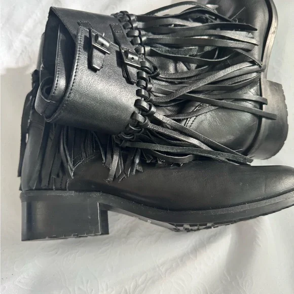 Fabianelli Italian Made Leather Black Fringe Ankle Booties with Buckle Accents - Picture 12 of 13